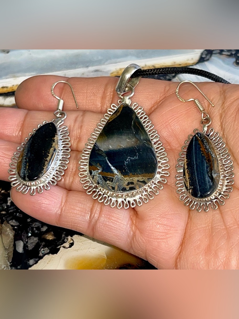 Black Iron Tiger Eye Pendant & Earrings Set